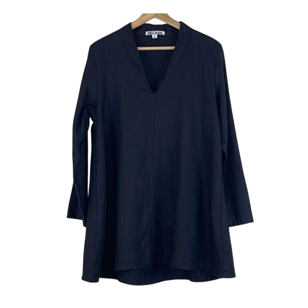 BECASA V-NECK ‎ BLACK  LONG SLEEVE  LINEN TUNIC  SIZE S MADE IN USA